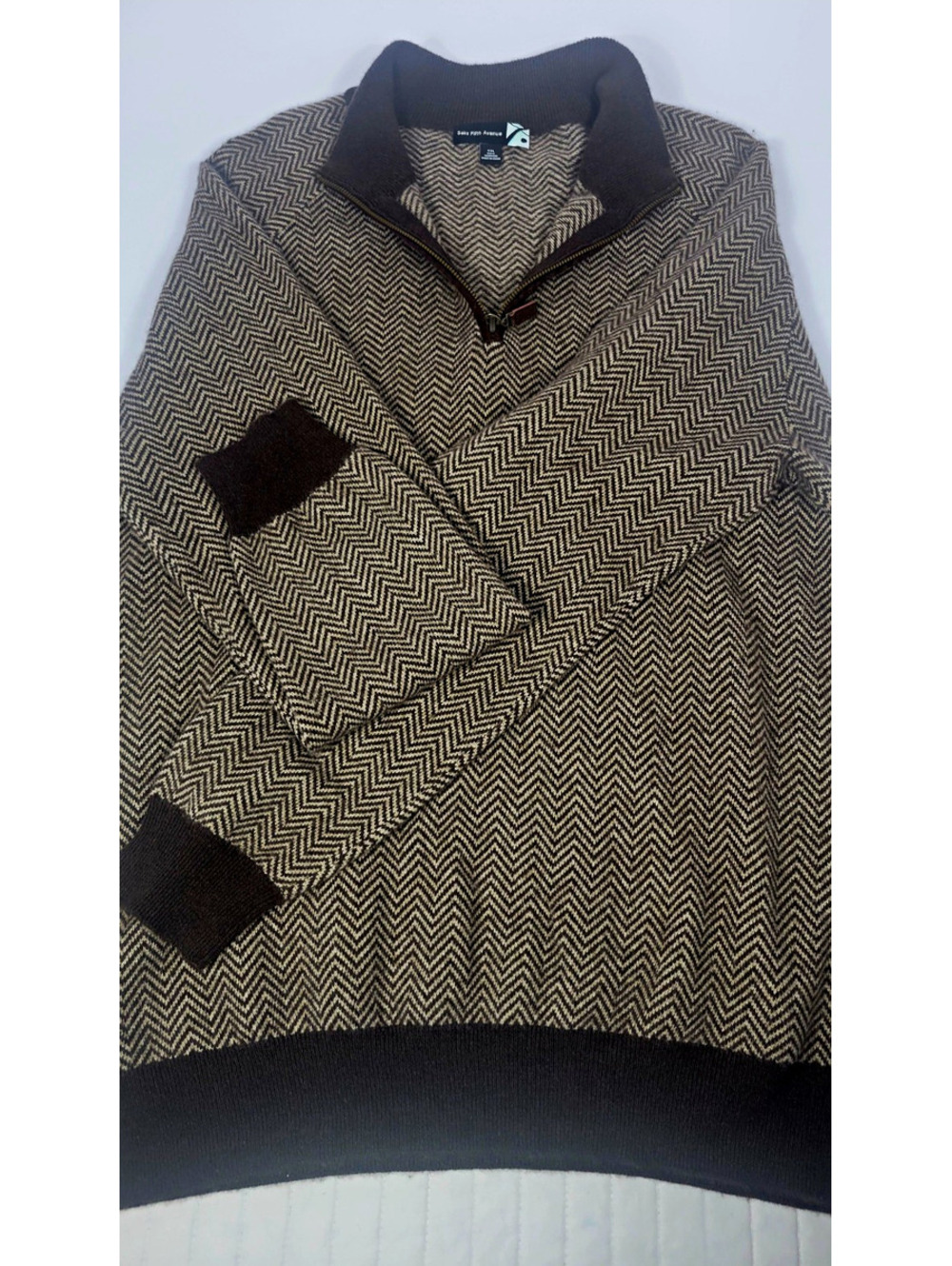 Saks Fifth Avenue Mens Cashmere 1/4 Zip Mock Neck Herringbone Sweater 2XL
